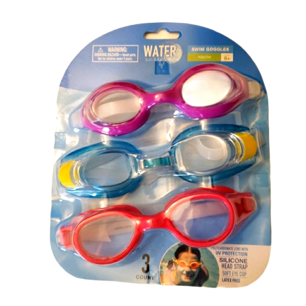 Kids Goggles UV Protection Latex Free 3 Pack Age 8+ Swim Pool NEW water